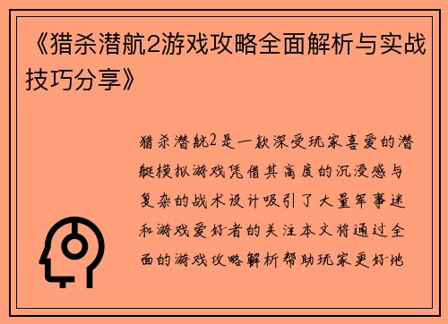 《猎杀潜航2游戏攻略全面解析与实战技巧分享》